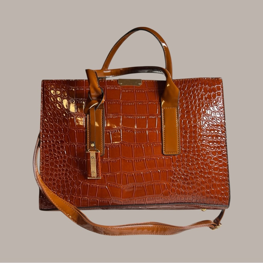 Croc-Embossed Patent Leather Shoulder Bag in Cognac